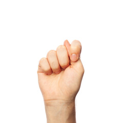 Wall Mural - Man showing letter T isolated on white background, closeup. Finger spelling alphabet in American Sign Language. ASL concept