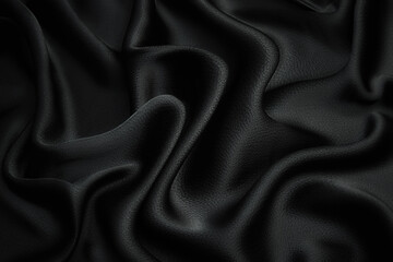 Black fabric texture background, wavy fabric slippery black color, luxury satin/silk cloth texture.