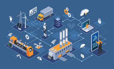 Smart industry 4.0 Industrial internet of things, innovative manufacturing and smart industry. Automation and user interface, connecting with tablet and exchanging data with cyber physical iot system