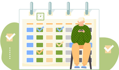 Fototapete - Guy is sitting on the chair with a gamepad in his hands. Teenager is playing with joystick on console. Timetable or a calendar on the background. Boy is playing a video games near schedule on the wall