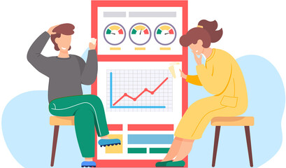 Fototapete - Workers communicate, solve business development issues, collaboration and discussion graphical business report with charts and graphs. Teamwork concept. Vector illustration joint work in the company