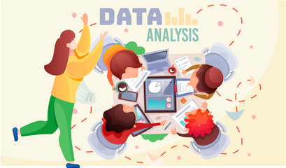 Fototapete - Data analysis teamwork. Team of analysts is sitting at a table and developing marketing strategy based on analysis of the financial performance, diagrams of the enterprise. Businessmen brainstorming