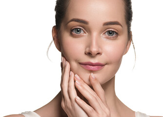 Beautiful woman face hands touching cheeks with healthy clean beauty skin close up