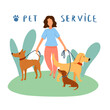 © Viktoria Kovalchuk - Professional dog handler walks with pet in park. Concept of dog walking service, volunteering, sitter, walker, pet care, dog shelter. Design for poster, banner, flyer, web.