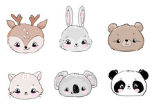 Cute Set Animals Vector Illustration, Bear, Cat, Bunny, Koala, Panda, Deer