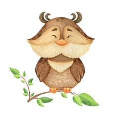 Wall Mural - watercolor sweet owl sits on a branch, children's illustration, design for printing