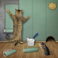 Wall Mural - A beige cat is doing apartment repair at his home. He is gluing the wallpaper.