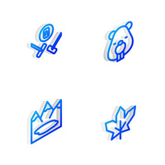 Sticker - Set Isometric line Beaver animal, Curling sport game, Canadian lake and maple leaf icon. Vector.