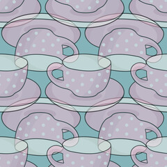 Wall Mural - Cute pink tea cups seamless pattern on blue background