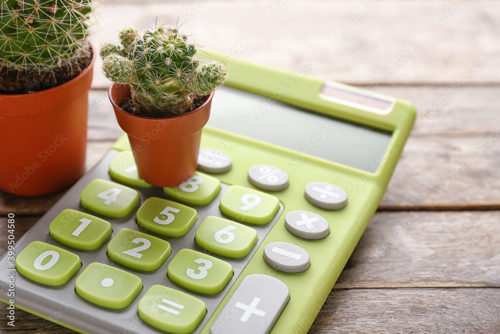 Modern calculator and cactus on wooden background, closeup