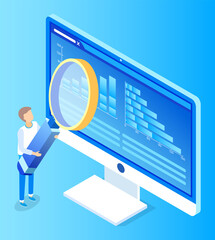Poster - Digital marketing manager with loupe symbol researching computer wireless device. Communication technology with lens and monitor of pc isolated on blue. Professional analysis of laptop vector