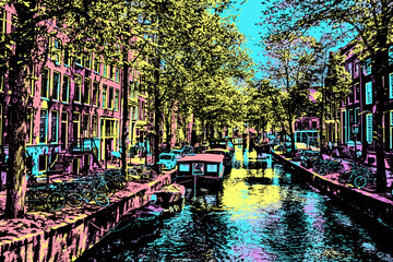 Wall Mural - Boats moored in a tree-lined canal with buildings in Amsterdam. The Dutch capital, famous for its cultural life and canals. Blacklight Poster filter.