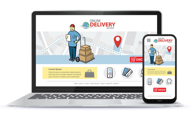 Poster - online delivery service vector ui on laptop computer screen and smart phone. responsive design templ