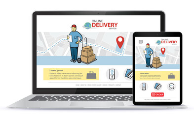 Poster - online delivery service vector ui on laptop computer screen and tablet pc. responsive design templat