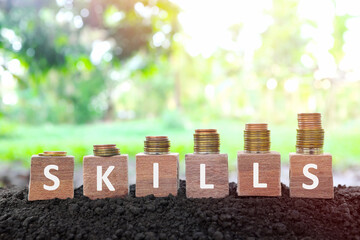 Increasing stack of coins with word skills on wooden blocks at sunrise. Invest on business skill improvement and use talent to make money concept.