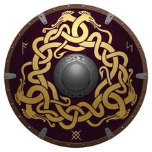 Realistic Round Shield Of Viking. Medieval Wooden Armor With Iron Details. Shield Is Decorated By Ancient Runes And Original Golden Ornament. Interwoven Nordic Dragons On A Dark Brown Field.