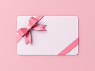 Aufkleber - Blank sweet white gift card or gift voucher with pink ribbon and bow isolated on pink pastel color background with shadow minimal conceptual 3D rendering