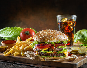 Wall Mural - Delicious burger with cola and potato fries on a wooden table with a dark brown background behind. Fast food concept.