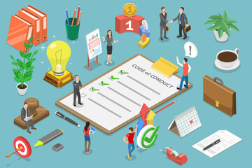 3d isometric flat vector conceptual illustration of code of conduct, business ethics, statement of e