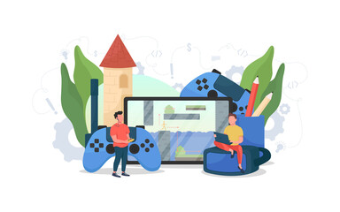 Fototapete - Dame designer flat concept vector illustration. Coding and programming. Professional play testing. Video game developer team 2D cartoon characters for web design. IT project creative idea