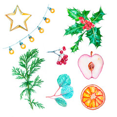  Christmas watercolor set of holly, red berries, green leaf, orange and apple slices, golden star, glowing garland