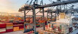 © Yellow Boat - crane loading cargo container to container ship in the international terminal yard port  concept freight shipping by ship at sunrise .