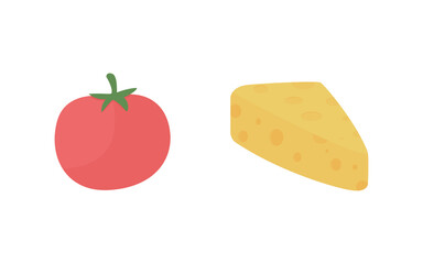 Poster - Fresh tomato and cheese flat color vector object set. Dairy product, vegetable. Grocery food. Margarita pizza ingredients isolated cartoon illustration for web graphic design and animation collection