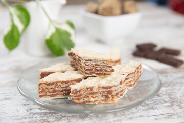 Wafer with chocolate in a plate