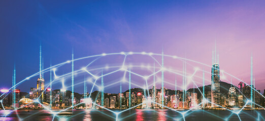Fototapete - Smart Network and Connection city of Hong Kong at night