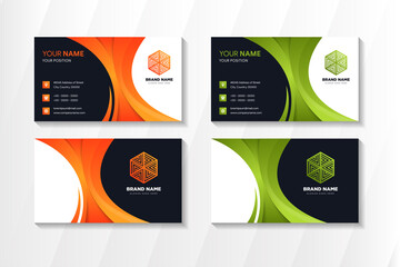 Poster - Abstract modern Business card Design Template with curve element use orange and green colors in white and dark blue background. horizontal layout with square icon. 