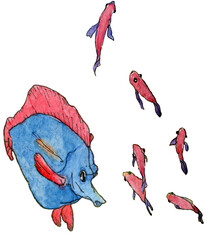 A watercolor illustration of red and blue marine aquarium fishes drawn by hand in the manner of a sketch, isolated on a white background.