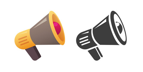Poster - Megaphone vector isolated icon set flat cartoon and black white illustration, loudspeaker retro old logo idea, mouthpiece horn label silhouette shape clipart