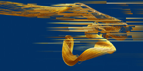 3d illustration twisting flow golden wires and blurred lines. Swirled cuprum wire or hair on on blue. Design technology, connection and golden .