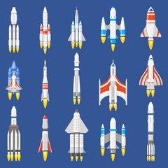 Wall Mural - Space rockets. Spacecraft ships, shuttle vehicles and aerospace rockets, space shuttle start. Spaceship technology vector illustration set. Rocket and ship, spacecraft and shuttle flight