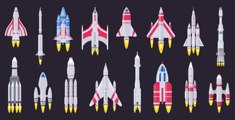 Wall Mural - Spaceships vehicles. Space rocket, flying aerospace shuttle, spacecraft ships and ufo ships. Space rocket vehicles vector illustration set. Spacecraft rocket launch, rocketship collection move