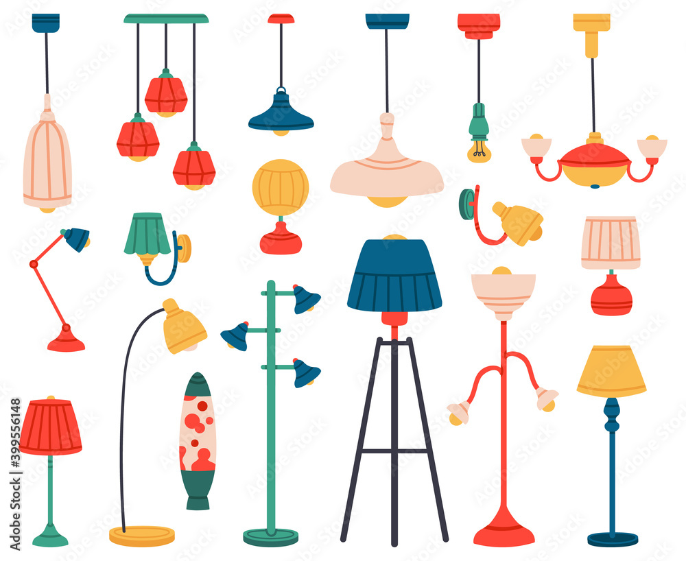Home light. Interior lamps, ceiling lamps, pendant, reading lamp, spotlight and floor lamp. Indoor lighting vector illustration set. Electric lamp home, indoor chandelier contemporary - obrazy, fototapety, plakaty 