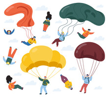 Skydivers With Parachutes. Extreme Parachuting And Skydiving Sport, People Falling With Parachutes. Sky Jumpers Vector Illustration Set. Extreme Jump, Parachute Skydiving, Jumper Parachuting