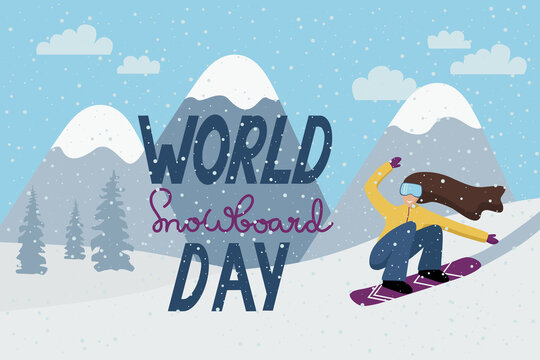 Young Woman Snowboarding in Mountains. World snowboard day.