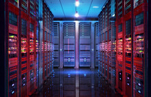 Data Center With Server Racks, IT Working Server Room With Rows Of Supercomputers. 3D Concept Illustration Of Information Technology, Cyber Network, Hosting, Data Backup, Render Farm, Storage Cloud