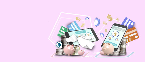 Aufkleber - Online banking banner and website for internet banking on mobile phone and Red background. Electronic bank payment,copy space,Illustration,Piggy Bank - 3d rendering