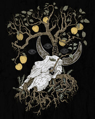 Apple tree grows out of a cow skull. Symbol of circle of life, death and rebirth. Folktale, mythology, bull, ox bones. T shirt print, tattoo design, dark fairytale illustration.