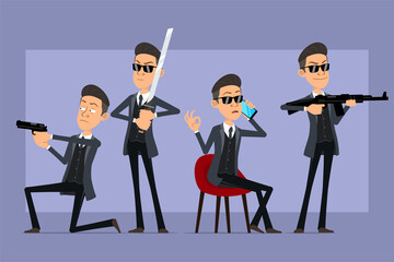 Cartoon flat funny mafia man character in black coat and sunglasses. Boy holding sword, shooting from pistol and automatic rifle. Ready for animation. Isolated on violet background. Vector set.