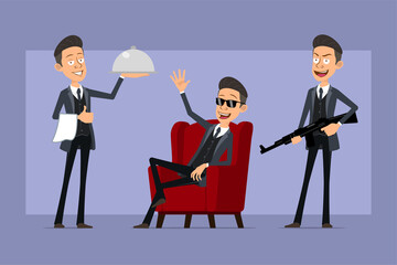 Cartoon flat funny mafia man character in black coat and sunglasses. Boy holding waiter tray, rifle and showing Hello gesture. Ready for animation. Isolated on violet background. Vector set.