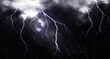 Rain with lightning and clouds in sky at night. Vector realistic illustration of thunderstorm, cold storm weather with wind, rainfall and thunderbolt strikes isolated on transparent background