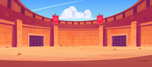 Ancient Roman Arena For Gladiators Fight. Vector Cartoon Illustration Of Empty Coliseum Amphitheater For Battle Between Warriors, Barbarian And Spartans. Historical Fighting Arena For Traditional Show