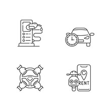 Car Sharing And Rental Service Linear Icons Set. Rent Car By Hour To Use Freely. Scooter Renting Service. Customizable Thin Line Contour Symbols. Isolated Vector Outline Illustrations. Editable Stroke