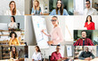 © Face Stock - Webinar, online presentation. Computer screen view of group of coworkers, colleagues and speaker with a flip chart in the center. Concept of virtual conference, meeting, brainstorm