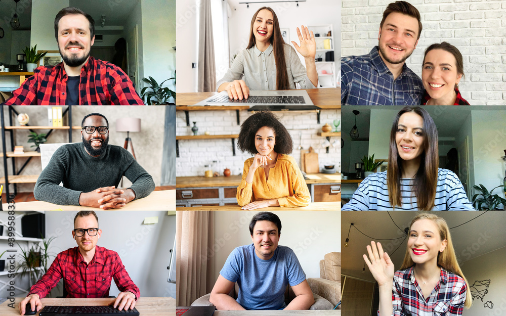 Application view of multiracial work team, headshots of diverse group of young people looks at the camera and smile. Concept of virtual conference, video call, online meeting - obrazy, fototapety, plakaty 
