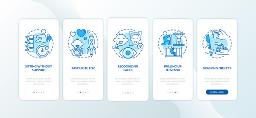 Early child development blue onboarding mobile app page screen with concepts. Baby abilities and skills walkthrough 5 steps graphic instructions. UI vector template with RGB color illustrations