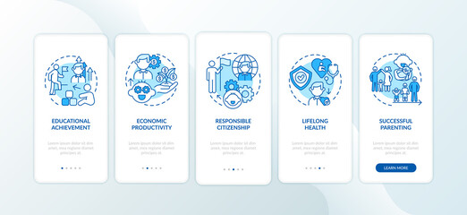 Childhood development blue onboarding mobile app page screen with concepts. Personal responsibility growing up walkthrough 5 steps graphic instructions. UI vector template with RGB color illustrations